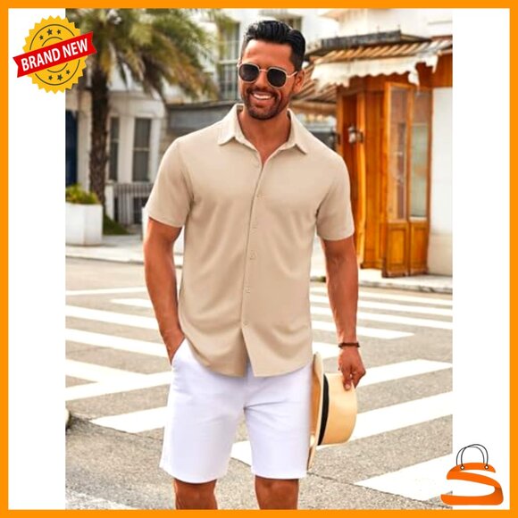 Casual Short Sleeve Button Down Shirt Wrinkle Free Stretch Dress Shirt Untucked - Picture 2 of 7